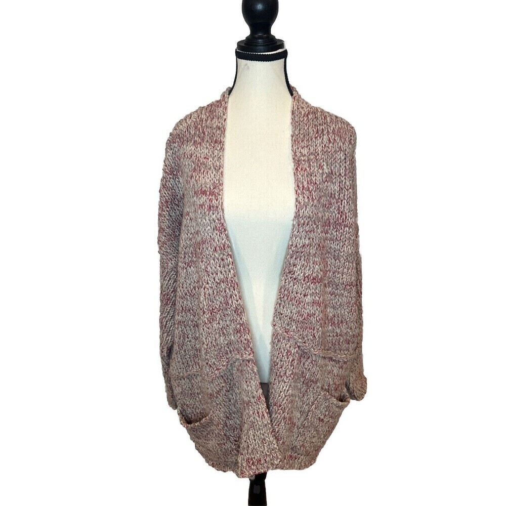 PureJill Women's‎ RED GRAY WHITE Open Front Wool Blend Cardigan Pockets Size XL